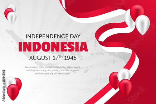 Indonesia Independence Day August 17th with flag ribbon and balloon illustration photo