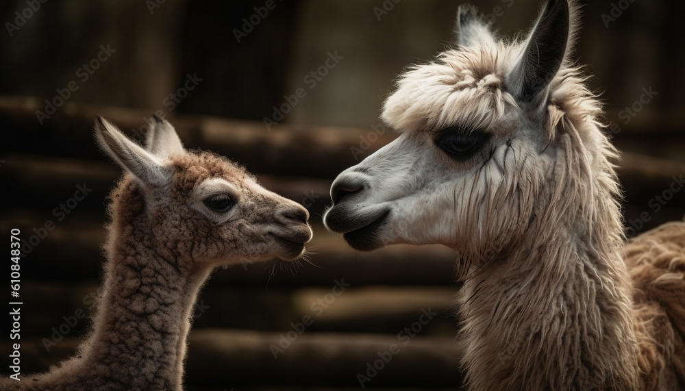 Obraz premium Fluffy alpaca portrait, cute woolly mammal looking generated by AI