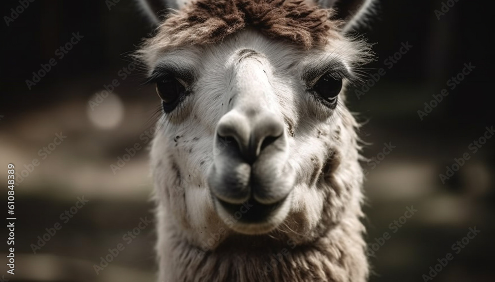 Cute alpaca smiles for the camera in pasture generated by AI
