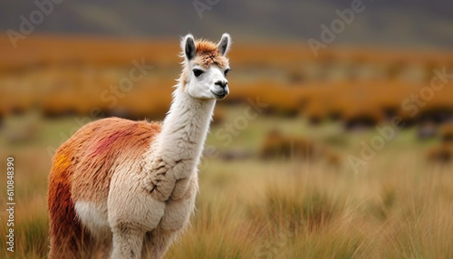Cute alpaca portrait, standing in fluffy grass generated by AI