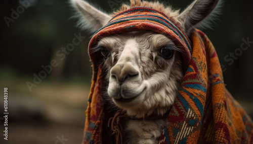 Smiling alpaca in rural Inca culture portrait generated by AI