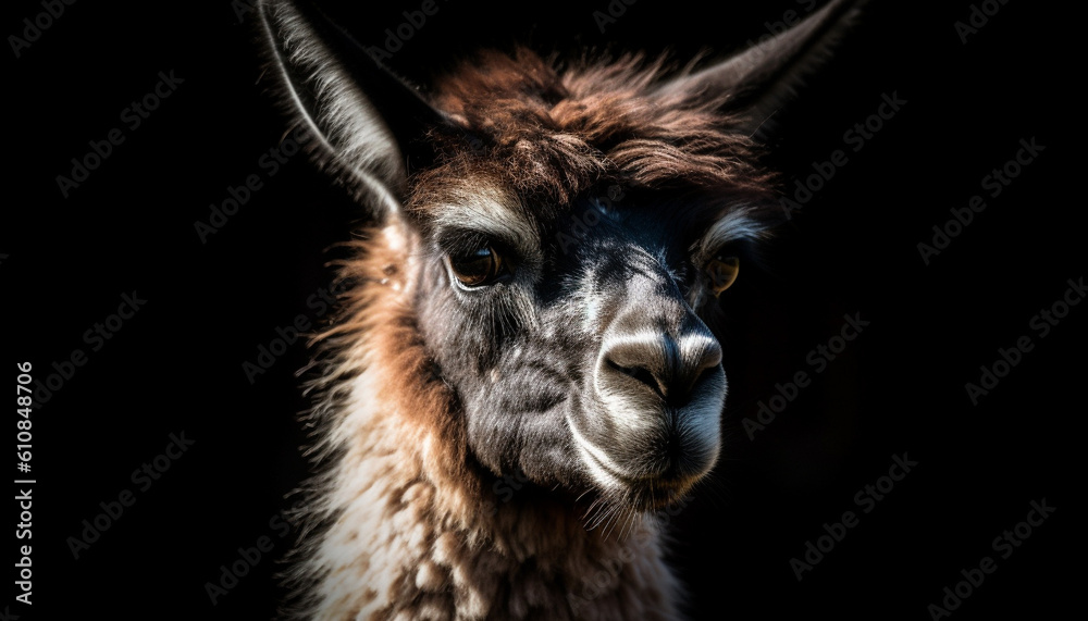 Fototapeta premium Cute alpaca portrait, looking at camera, fluffy fur generated by AI