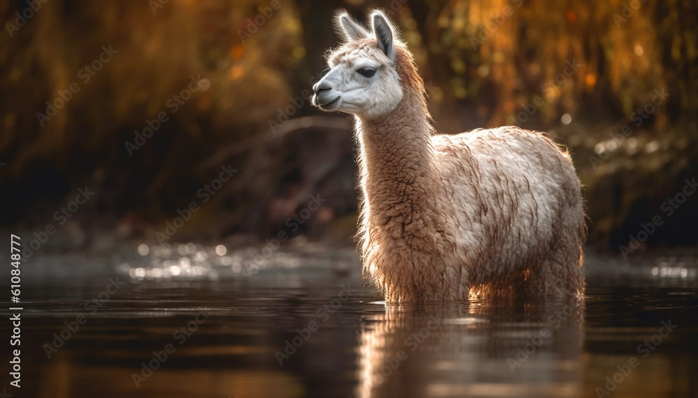Fototapeta premium Cute alpaca grazing on lush green pasture generated by AI