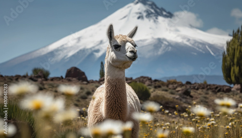 Alpaca woolly fur shines in snowy landscape generated by AI © grgroup