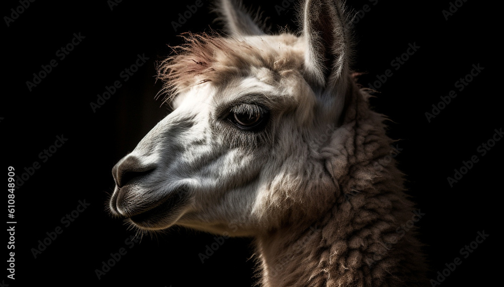 Obraz premium Fluffy alpaca stares, cute portrait in nature generated by AI