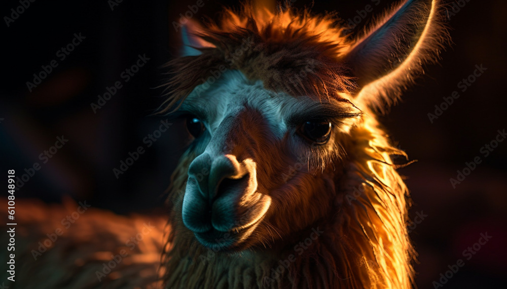 Fototapeta premium Alpaca stares at camera, cute and woolly generated by AI