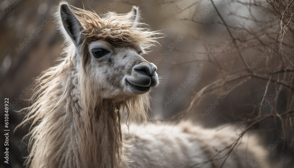 Cute alpaca portrait, fluffy fur, looking at camera generated by AI
