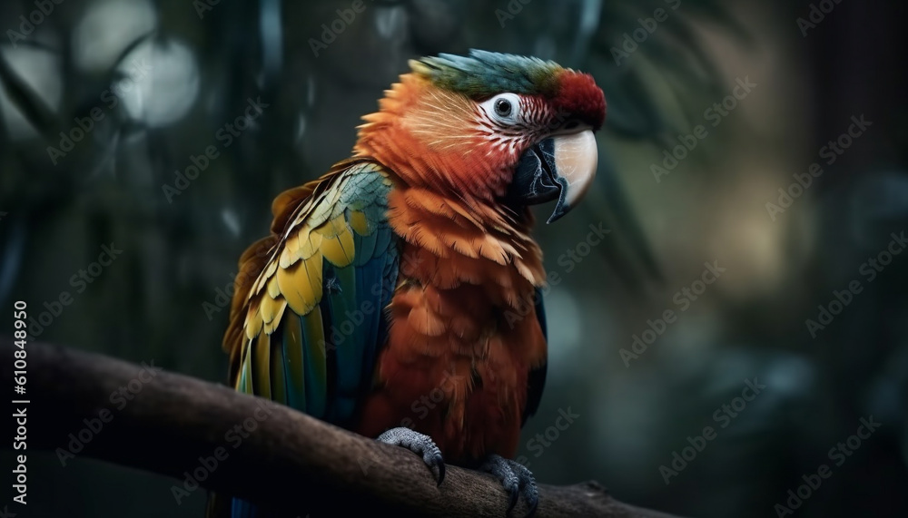 The scarlet macaw perches on a branch generated by AI