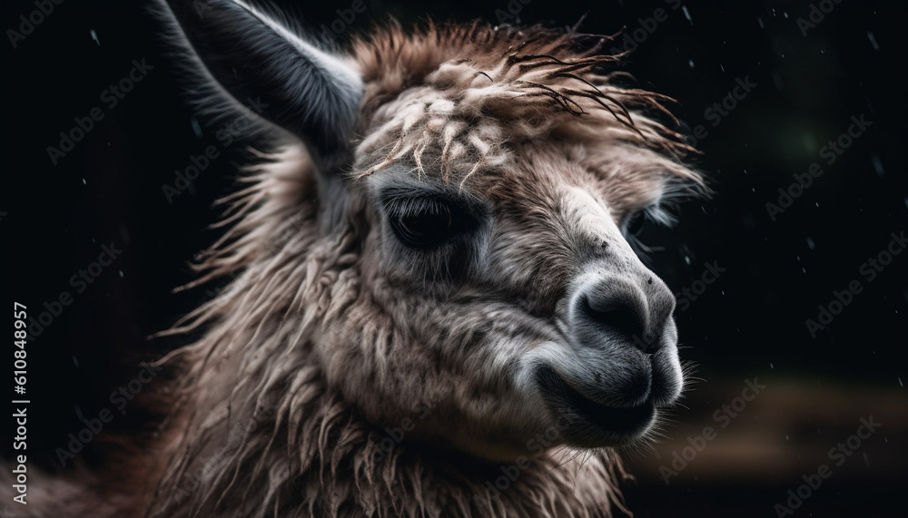 Cute alpaca portrait, looking at camera curiously generated by AI