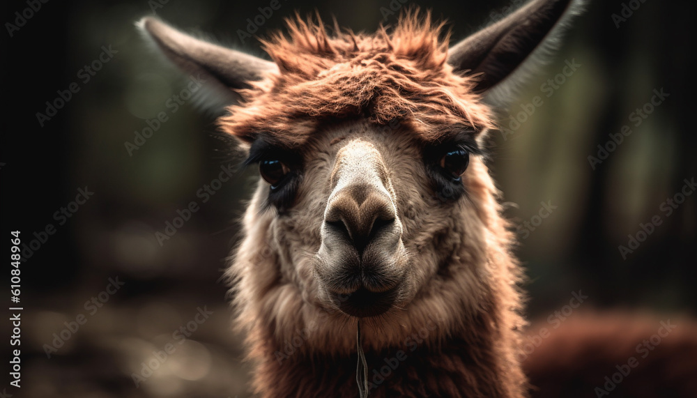 Fototapeta premium Cute alpaca staring at camera in pasture generated by AI