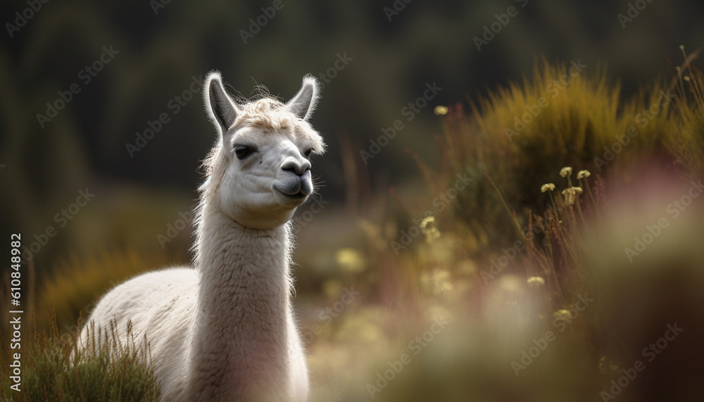 Cute alpaca grazing in green meadow, fluffy fleece generated by AI Cute alpaca grazing in green meadow, fluffy fleece generated by AI