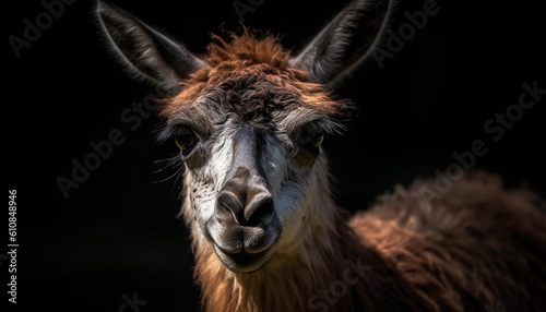 Cute alpaca looking at camera in pasture generated by AI