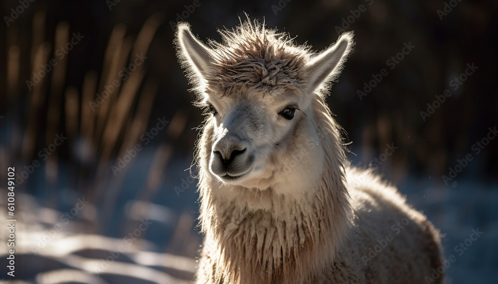 Fluffy alpaca poses for rural portrait, cute generated by AI