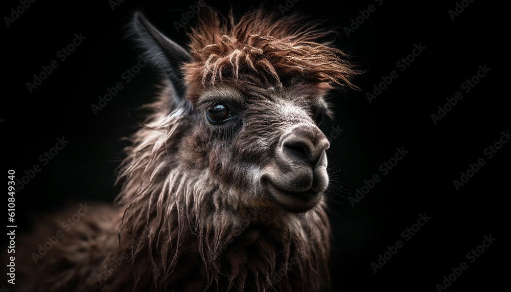 Fototapeta premium Fluffy alpaca poses for cute portrait, looking sharp generated by AI