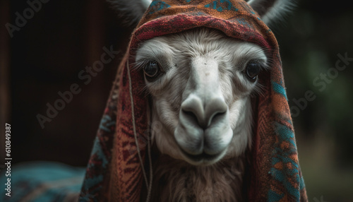 Cute alpaca in knit hat smiles for camera generated by AI © grgroup