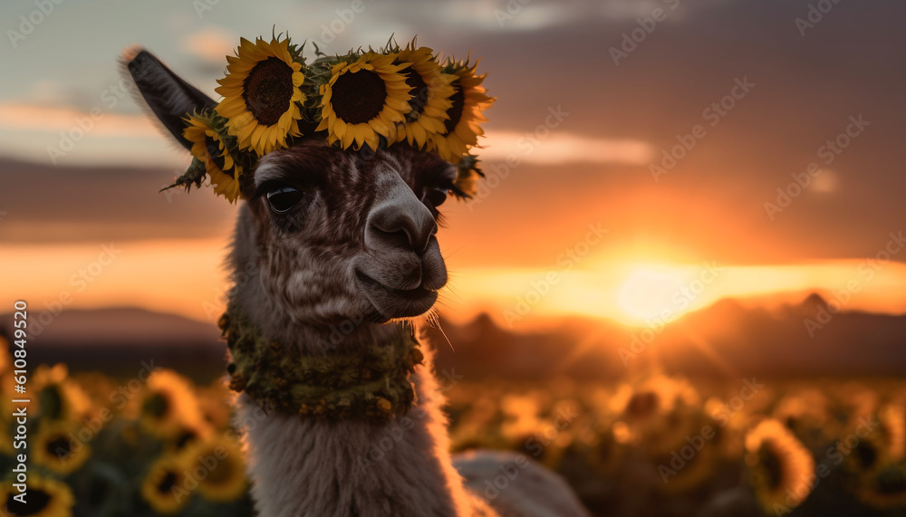 Obraz premium Smiling alpaca looks at camera in meadow generated by AI