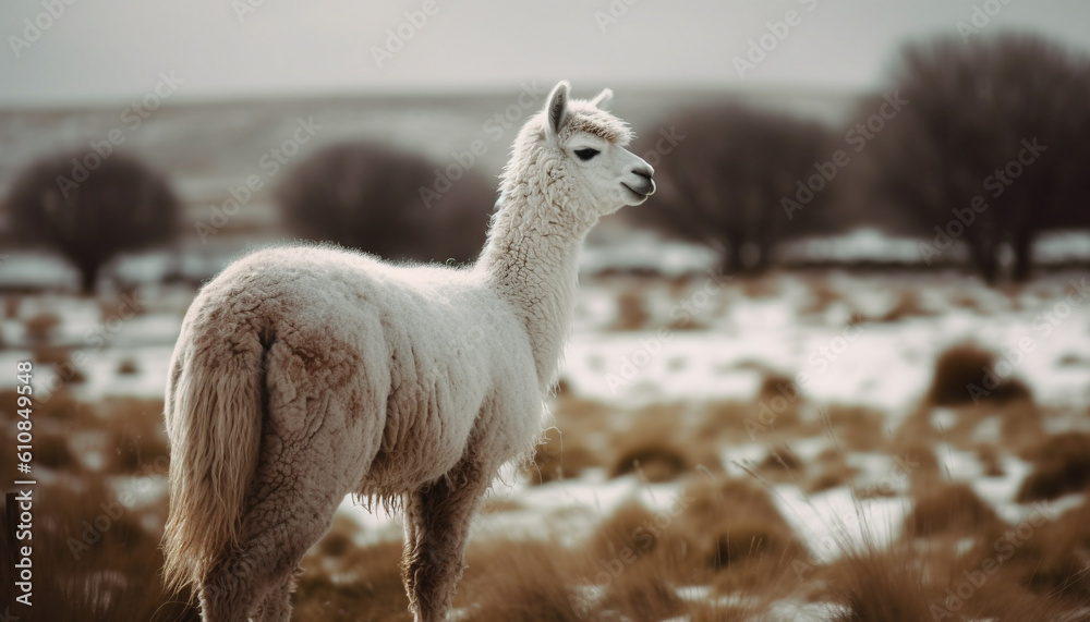 Fluffy alpaca grazing in rural meadow generated by AI