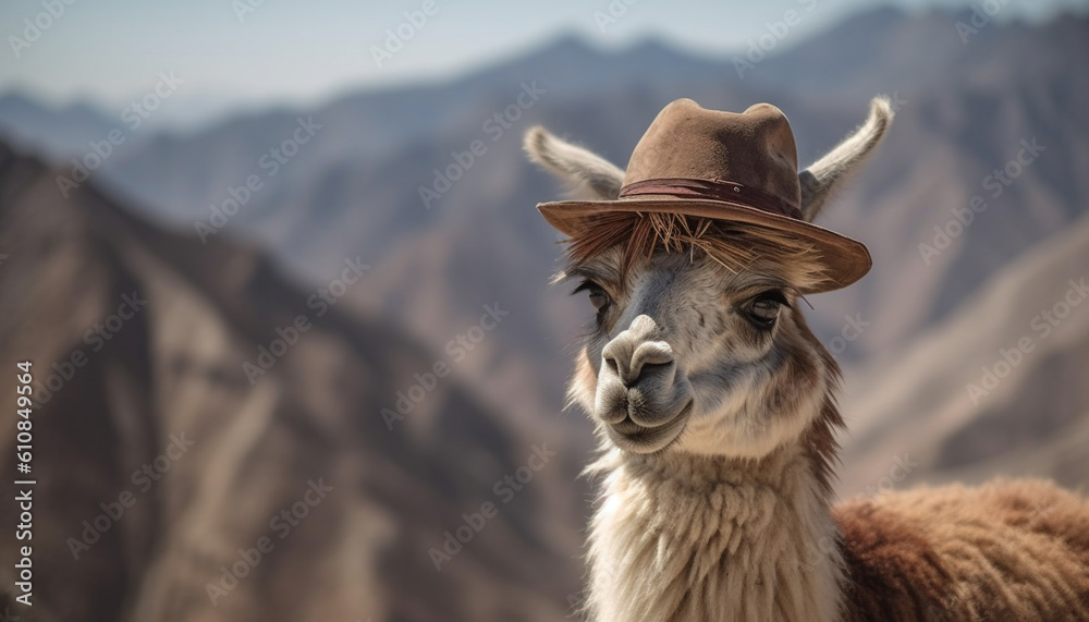 Obraz premium Alpaca grazing on mountain meadow, smiling for camera generated by AI