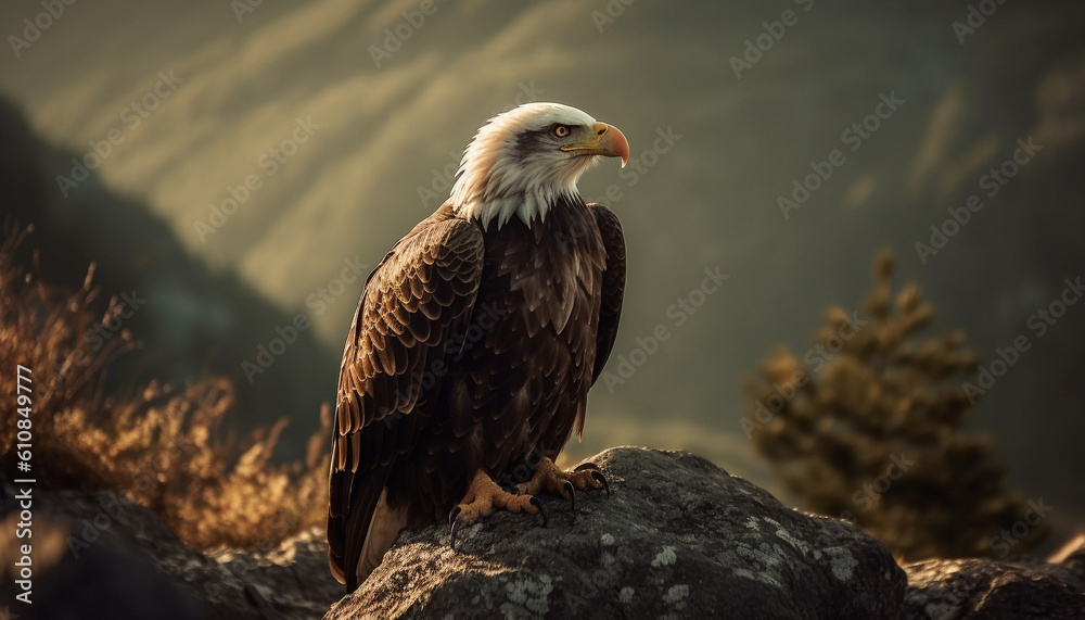 Fototapeta premium Majestic bald eagle perching on tree branch generated by AI