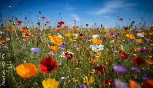 Vibrant wildflowers bloom in idyllic rural meadow generated by AI