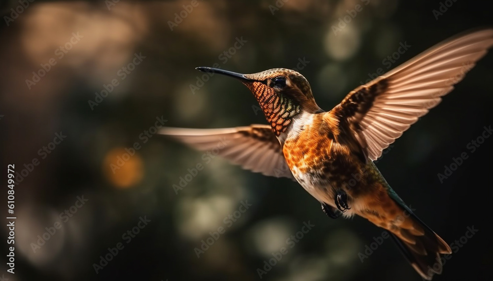 Fototapeta premium The rufous hummingbird hovers mid air, flapping wings generated by AI