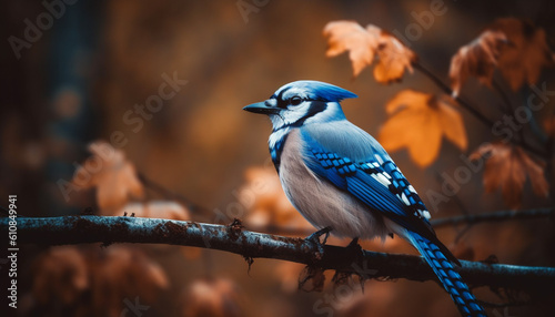 Small tit perching on autumn branch, beauty in nature generated by AI