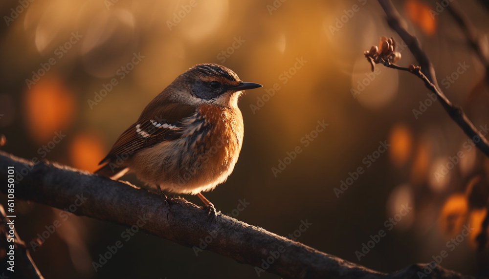 Small sparrow perching on twig, enjoying sunlight generated by AI Small sparrow perching on twig, enjoying sunlight generated by AI