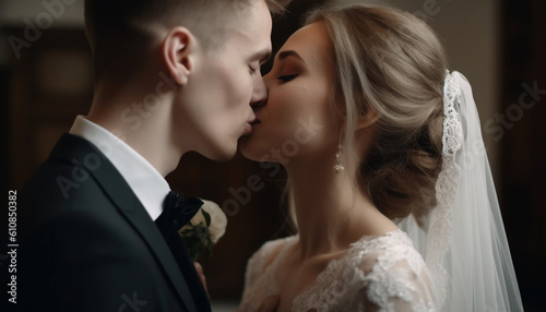 A newlywed couple embraces in elegant celebration generated by AI