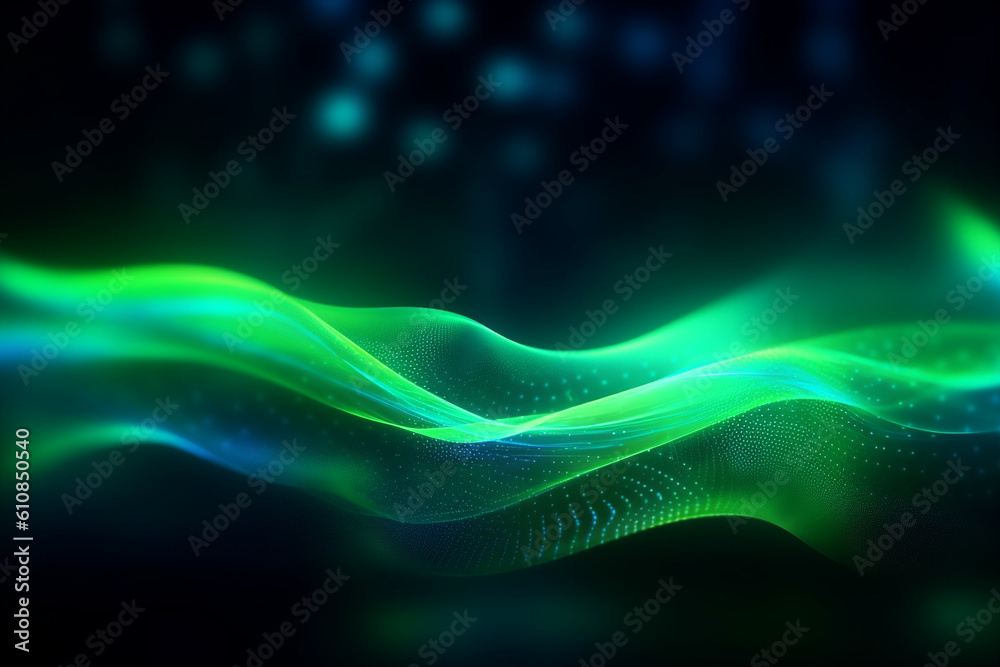 Abstract futuristic background with green blue glowing wave lines and bokeh lights, Generative AI