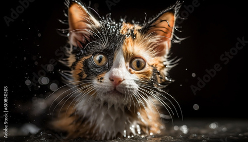 Fluffy kitten stares  wet fur  curious whiskers generated by AI