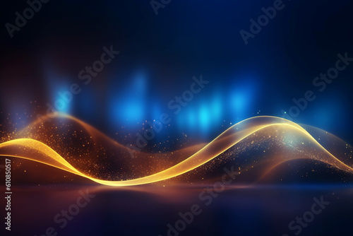 Abstract futuristic background with Gold blue glowing wave lines and bokeh lights, Generative AI