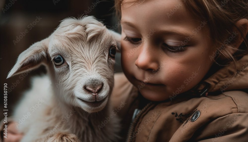 Smiling girl and curious goat enjoy farm life generated by AI Smiling girl and curious goat enjoy farm life generated by AI
