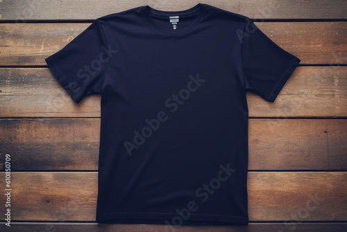 Blank navy blue t-shirt mockup on wooden background, mockup illustration, Generative AI