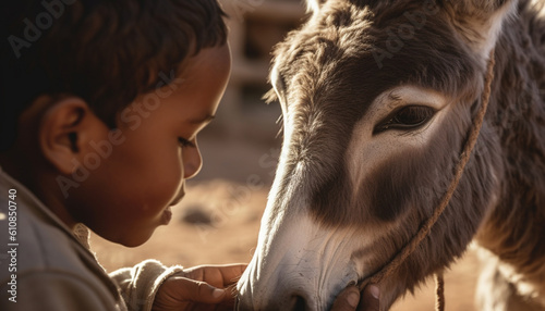 Fototapeta Naklejka Na Ścianę i Meble -  Smiling boys bond with cute farm animals generated by AI