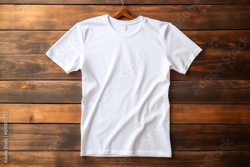 Blank white t-shirt mockup on wooden background, Generative AI