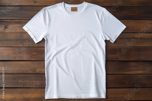 Blank white t-shirt mockup on wooden background, Generative AI