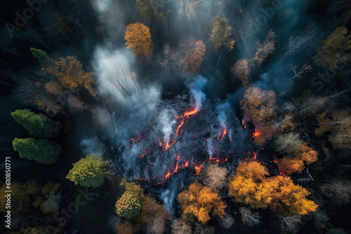 Fire in a forest, top view, Generative AI