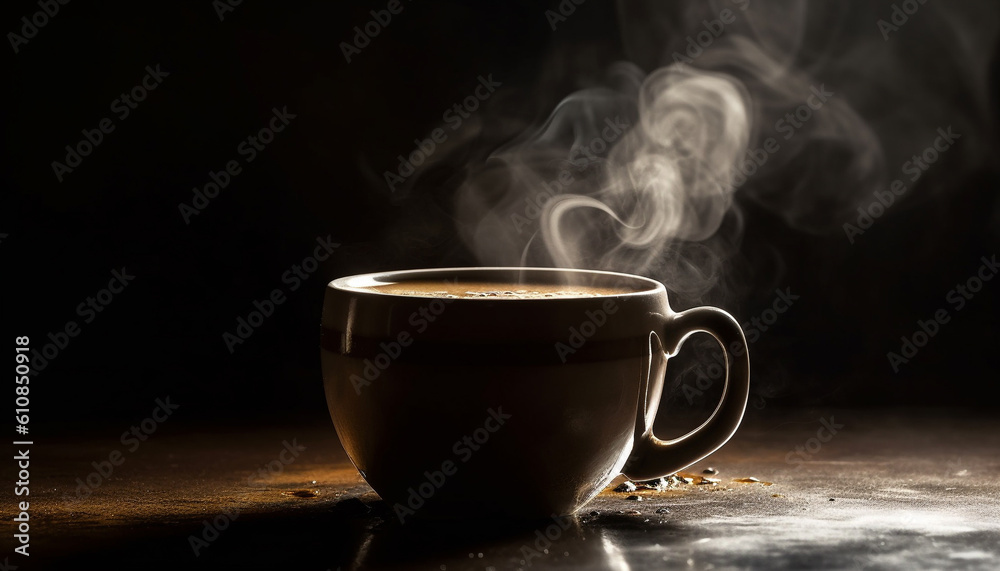 Steam rises from dark coffee cup on wood generated by AI Steam rises from dark coffee cup on wood generated by AI