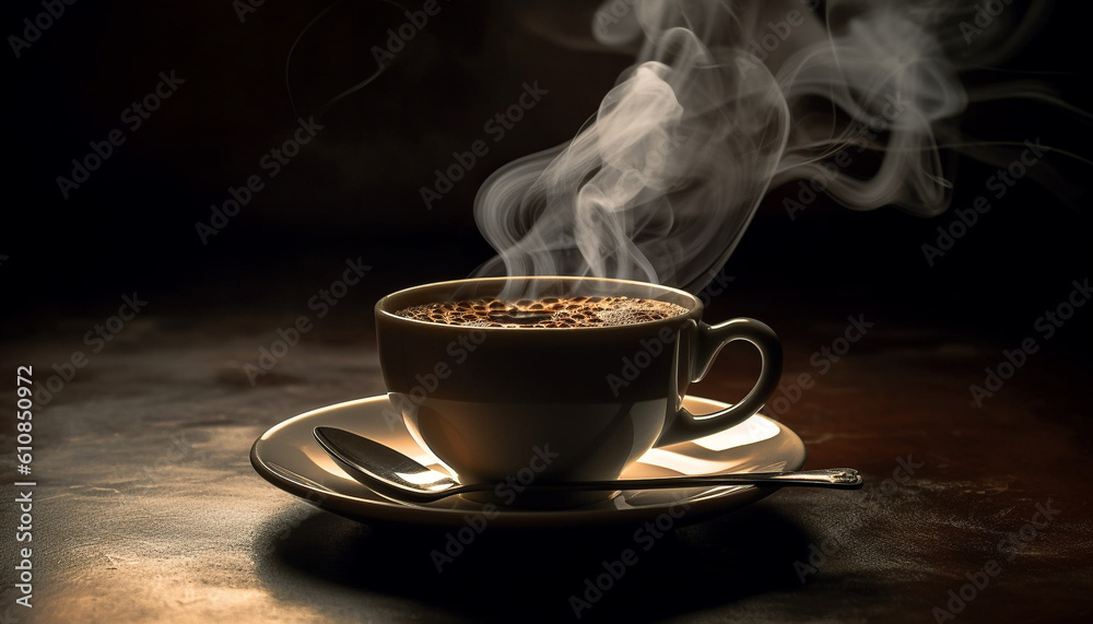Steam rises from hot cappuccino on wood table generated by AI Steam rises from hot cappuccino on wood table generated by AI