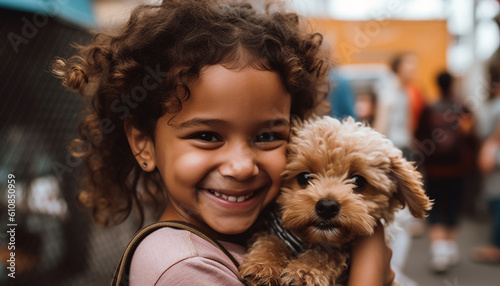 Smiling child embraces cute puppy in pure happiness generated by AI
