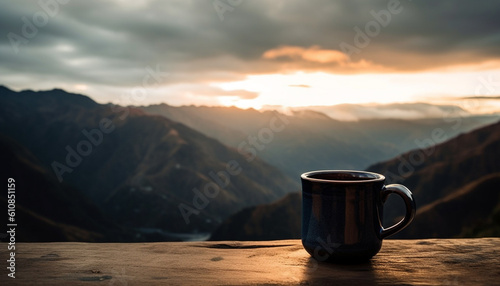 Sipping hot coffee, admiring mountain peak sunrise generated by AI