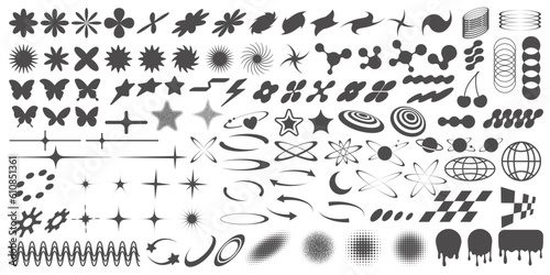 y2k retro elements. Abstract shapes and symbols for futuristic design. Geometric groovy icons. Vector vintage set on white background