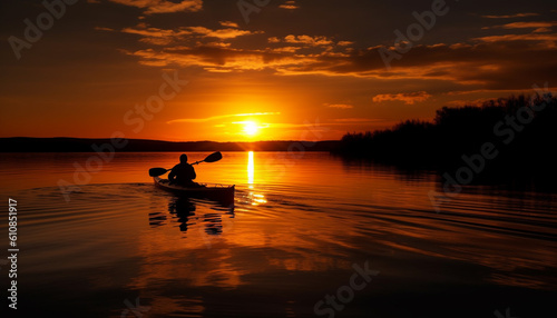 Silhouettes rowing in tranquil sunset canoeing adventure generated by AI