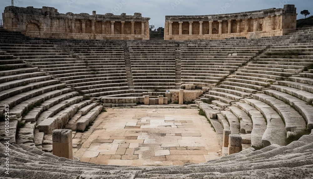Ancient theater stage, ruins of classical Greek architecture generated by AI