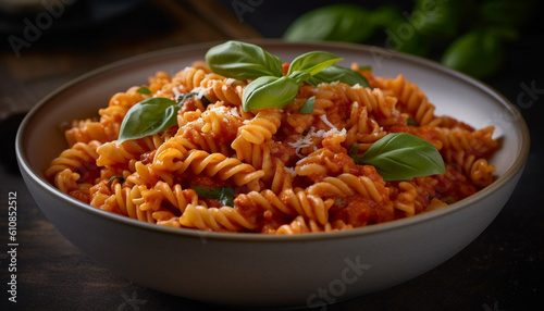 Fresh fusilli pasta with tomato and herbs generated by AI