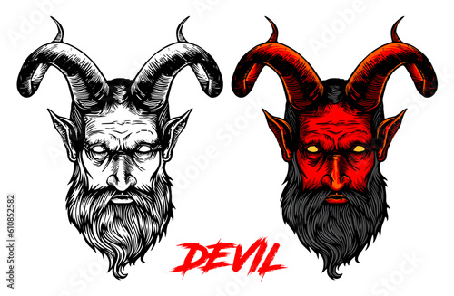 Illustration of a devil. Devil head vector
illustration. Vintage devil drawing. Set of red head satan
illustration. Horned devil design for t-shirt, printing,
poster, sticker, tattoo, street wear.