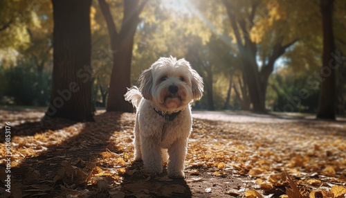 Cute terrier puppy sitting in autumn forest generated by AI