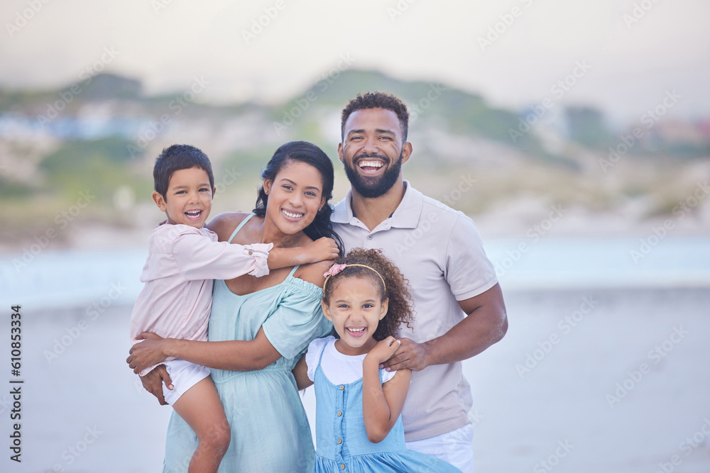 Family, parents or portrait of happy kids on beach to travel with joy, smile or love on holiday vacation. Mom, siblings or father with children for tourism in Mexico with happiness bonding together