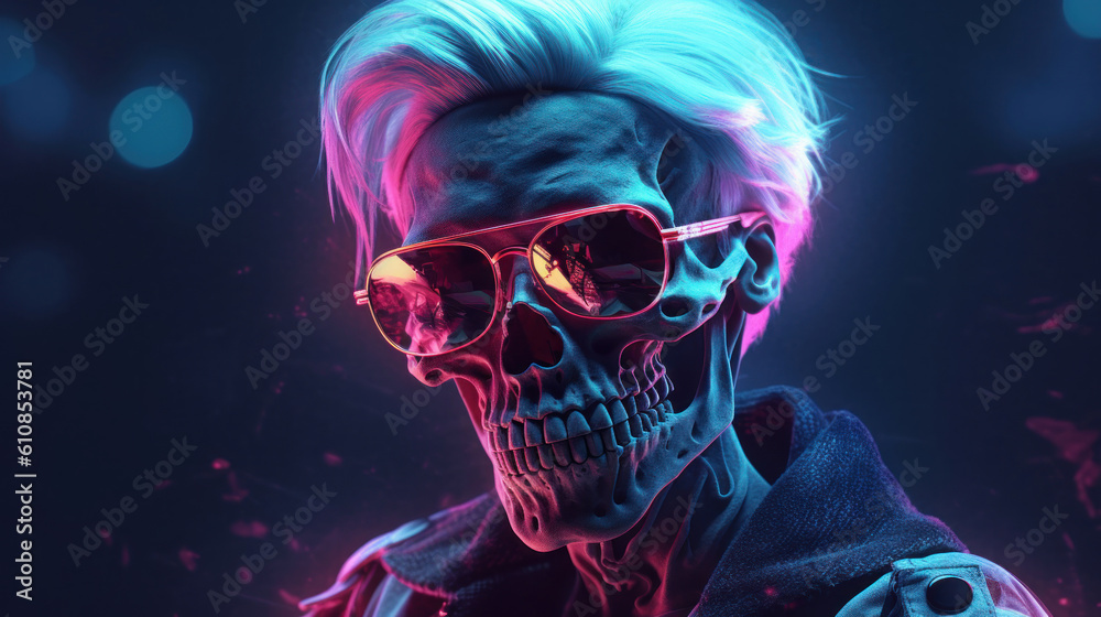 Young trendy skeleton, neon light. Cyberpunk concept. AI generation Young trendy skeleton, neon light. Cyberpunk concept. AI generation