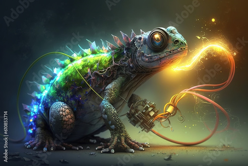 Image of a chameleon with technology concept. Reptile. Animals. Illustration, generative AI.